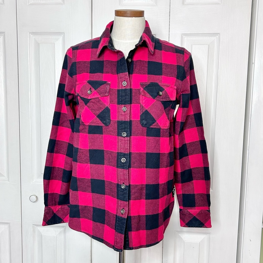 Roots Canada red buffalo plaid middleweight flannel shirt, elbow patches